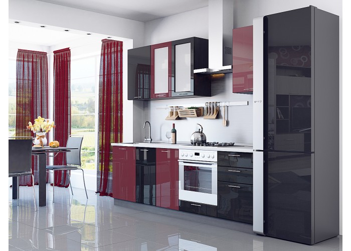 кухня валерия-м-03 бордовый глянец/черный металлик