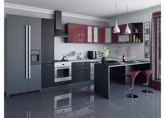 кухня валерия-м-05 бордовый глянец/черный металлик